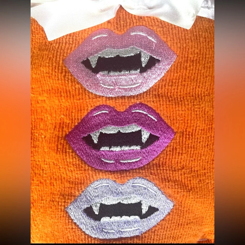 Halloween Lips & Fangs Bathroom Hand Towel Set 2x Orange Pink Purple NEW NWT